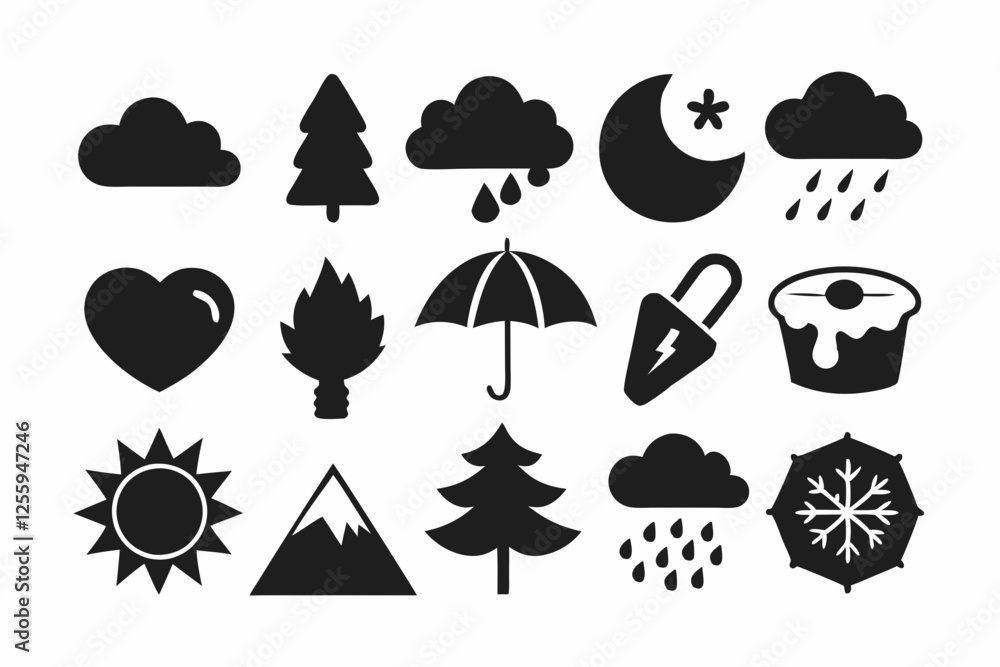 Simple weather icons set with sun, clouds, rain, snow, and storm symbols vector illustration Simple weather icons set with sun, clouds, rain, snow, and storm symbols vector illustration