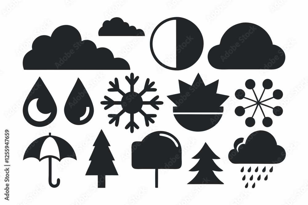 Simple weather icons set with sun, clouds, rain, snow, and storm symbols vector illustration Simple weather icons set with sun, clouds, rain, snow, and storm symbols vector illustration