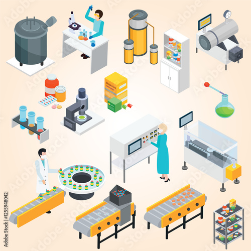 Pharmaceutical Production Isometric Icons Collection