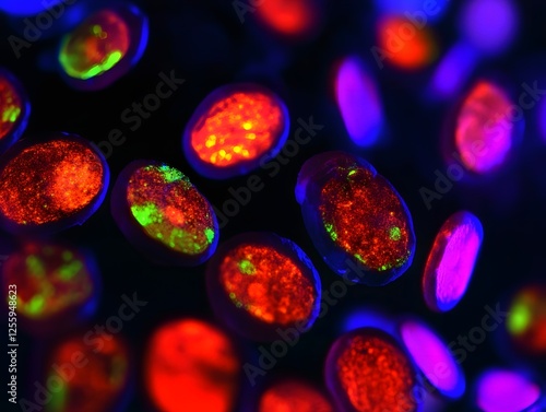 Colorful Microscope View of Cellular Structures Under Bright Light photo