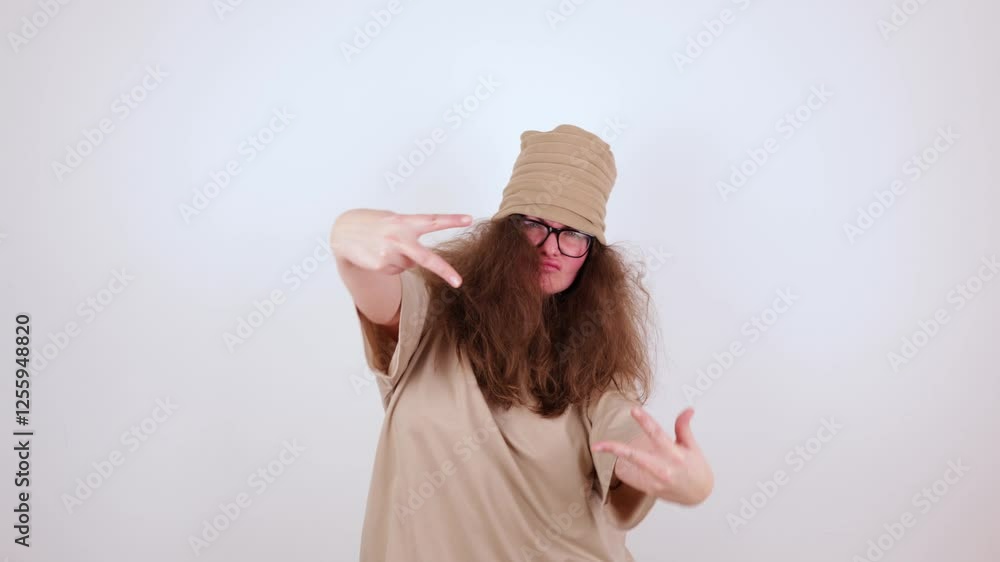 frame with hands shows V sign, victory, peace actively showing in front of face. large size, body positive, woman in beige T-shirt, hat. concept - targeting, supervision, advertising, photography, rap
