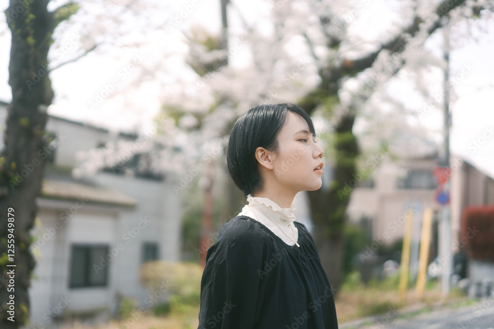 Japanese woman standing with sakura flower tree in Tokyo city japan spring season