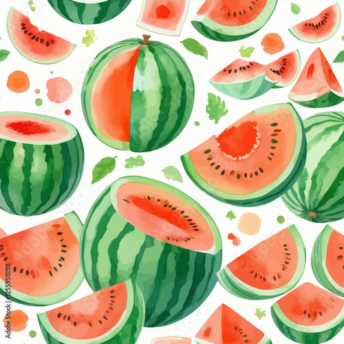 watermelon,Hand drawn watercolor watermelon set on white background. Fruit vector illustration. Pattern watercolor fruit.	
