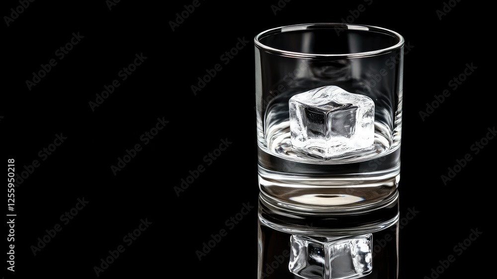 Clear glass with ice cube on reflective black surface Clear glass with ice cube on reflective black surface