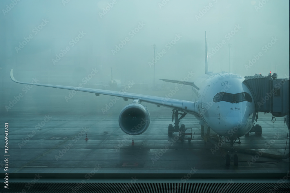 Naklejka premium An airplane is shrouded in fog at the airport as passengers board early in the morning. The foggy atmosphere evokes a sense of travel and mystery