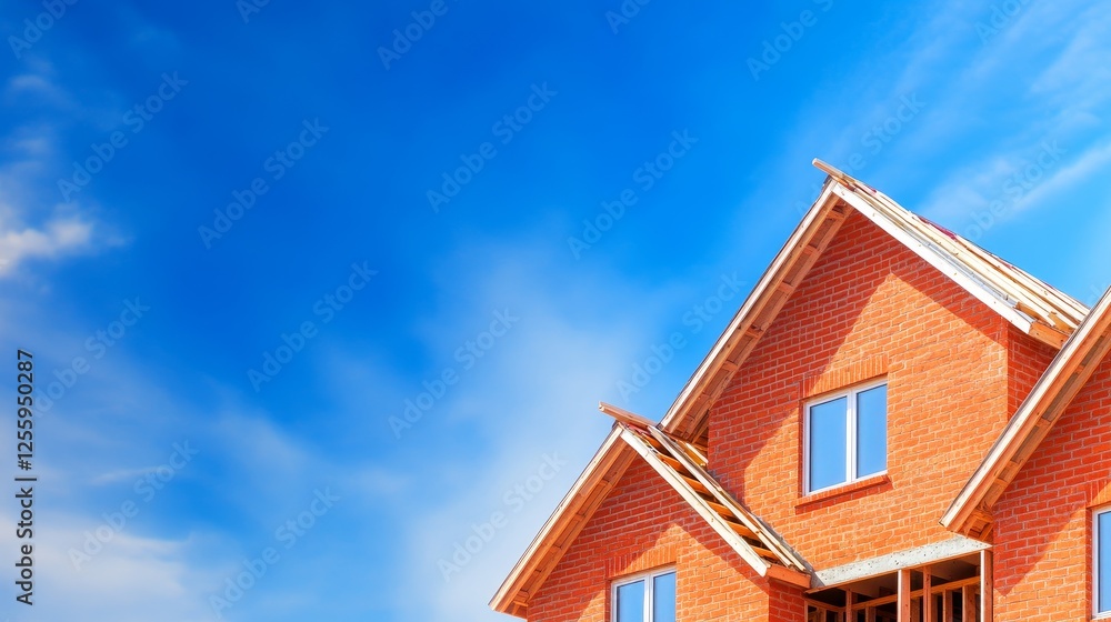 Bright blue sky over a newly constructed red brick house with wooden roof details and windows Bright blue sky over a newly constructed red brick house with wooden roof details and windows