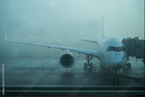 An airplane is shrouded in fog at the airport as passengers board early in the morning. The foggy atmosphere evokes a sense of travel and mystery
