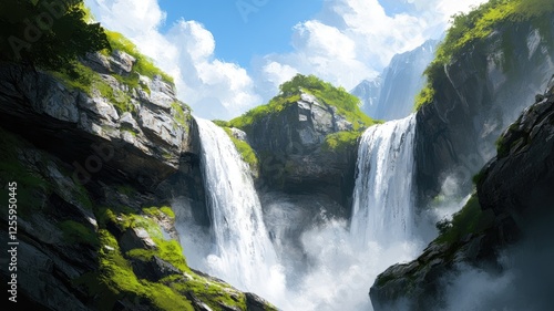 Stunning twin waterfalls cascading over rocky cliffs amidst lush greenery under blue sky