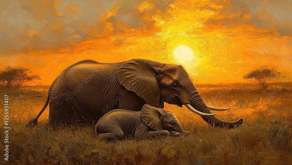 Fototapeta premium A mother elephant and her calf, rolling in the warm golden light of sunset on an African savannah