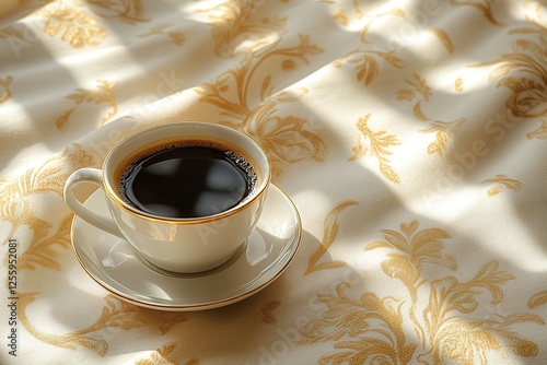 Aromatic moment: dark coffee in a white cup with golden accents casting light on a floral patterned tablecloth Enjoy the simple pleasures photo