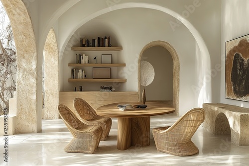 Sunlit neutral room with a wooden round table and rattan chairs with archways shelves and an abstract piece of art