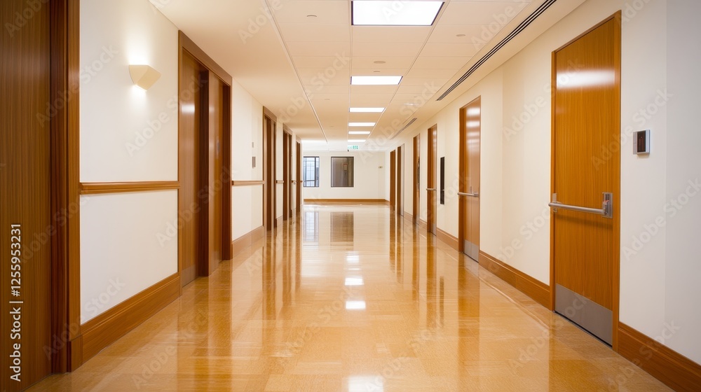 Obraz premium Modern hospital corridor with polished floors, wooden doors, and bright lighting, conveying cleanliness