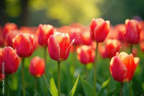 A carpet of tulips swaying gently in the breeze, bloom, grass