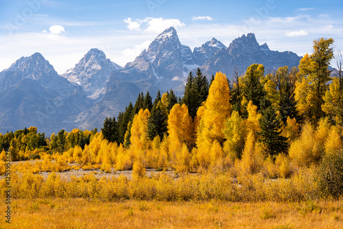 Grand Teton National Park with bright autumn colors on a hazy day photo