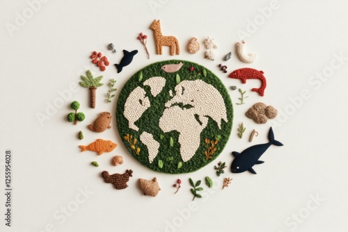 Creative eco friendly concept showcasing the Earth made of natural materials, surrounded by animals and plants demonstrating biodiversity and sustainability photo