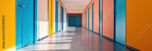 Hallway with Teal Doors and Orange Accents