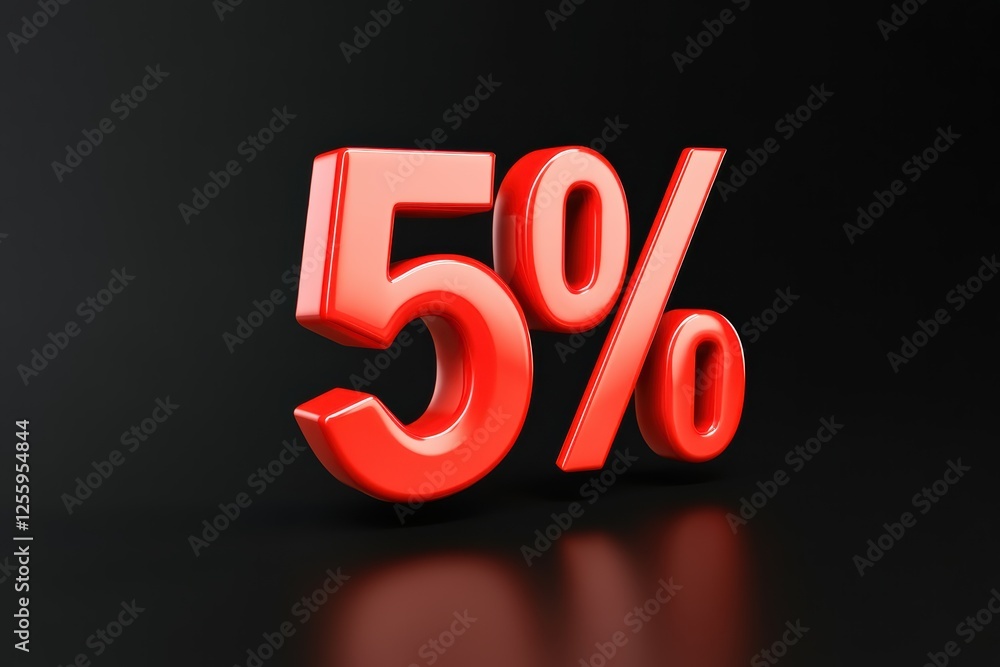 Bright red five percent symbol isolated on black background highlighting discount or sale offer Bright red five percent symbol isolated on black background highlighting discount or sale offer