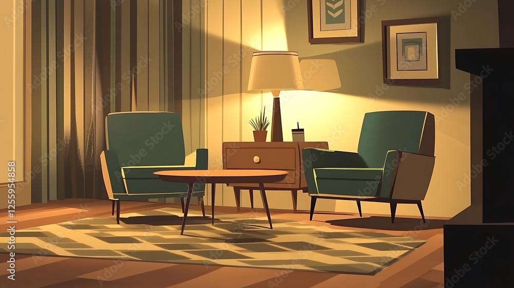 Mid century modern living room with two chairs and a table Mid century modern living room with two chairs and a table