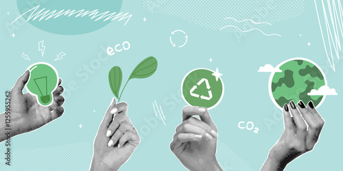 Halftone eco collage. Realistic hands holding green earth planet globe, esg recycle environmental change clean energy co2 ecology concept paper vintage collage vector illustration
