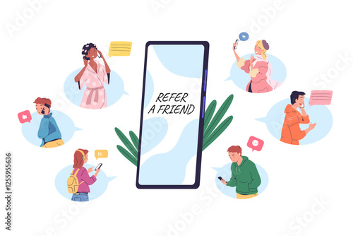 Refer friend concept. Smartphone mobile app loyalty referral program concept, earn money to invite people online recommend social media network like marketing vector illustration