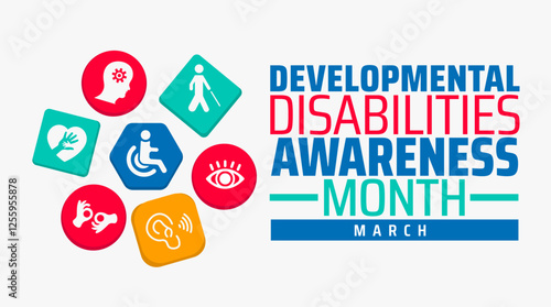 Developmental Disabilities Awareness Month background banner or poster design template. observed every year in March. Holiday concept. Use to any Template, card, poster, placard, template.