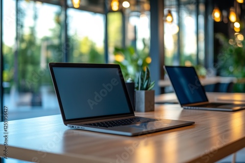 Wallpaper Mural Modern corporate office workspace featuring laptops on a table for enhanced productivity Torontodigital.ca