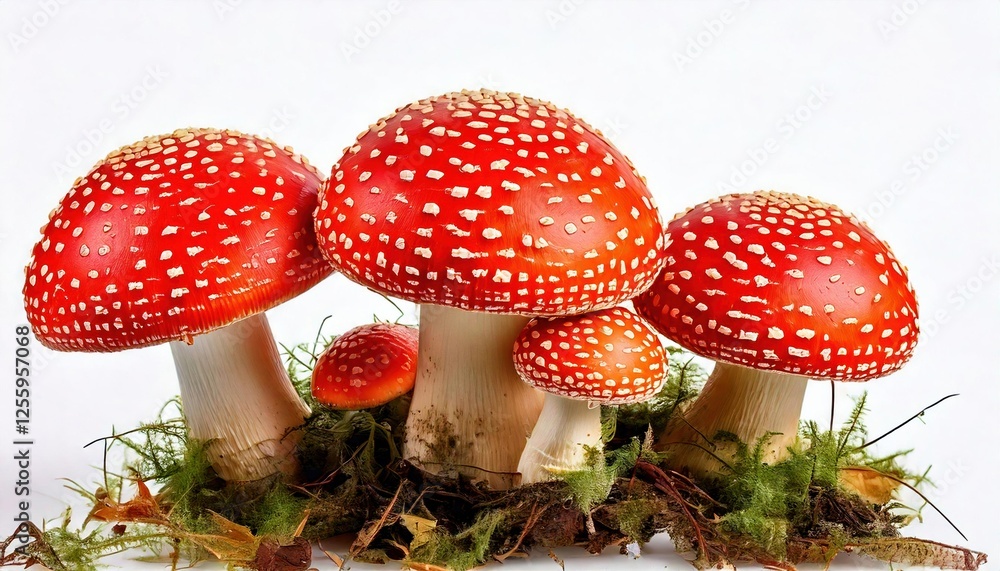 Fly Agaric Vibrant red mushrooms featured among green moss in a natural setting on white background Fly Agaric Vibrant red mushrooms featured among green moss in a natural setting on white background