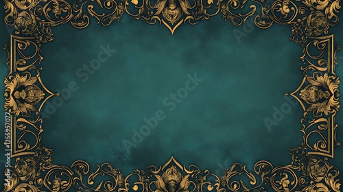 Gold ornate frame, teal background, design