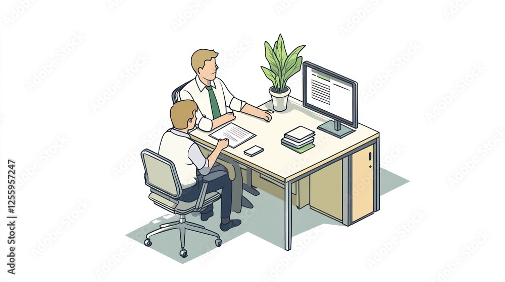 Two businessmen in isometric office setting discuss documents. Possible use Business stock photo