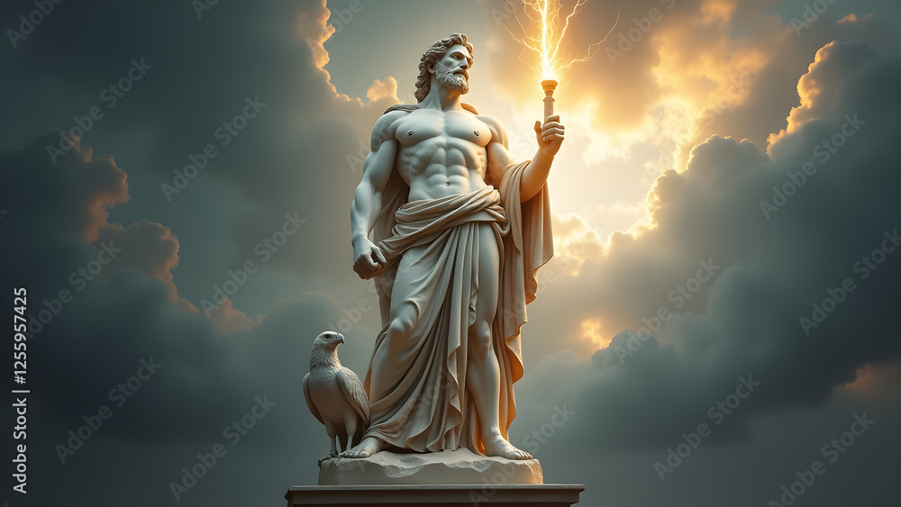 A majestic statue of Jupiter, the Roman god of thunder and sky, wielding a lightning bolt. An eagle perches beside him as storm clouds gather, symbolizing his divine power and authority. A majestic statue of Jupiter, the Roman god of thunder and sky, wielding a lightning bolt. An eagle perches beside him as storm clouds gather, symbolizing his divine power and authority.
