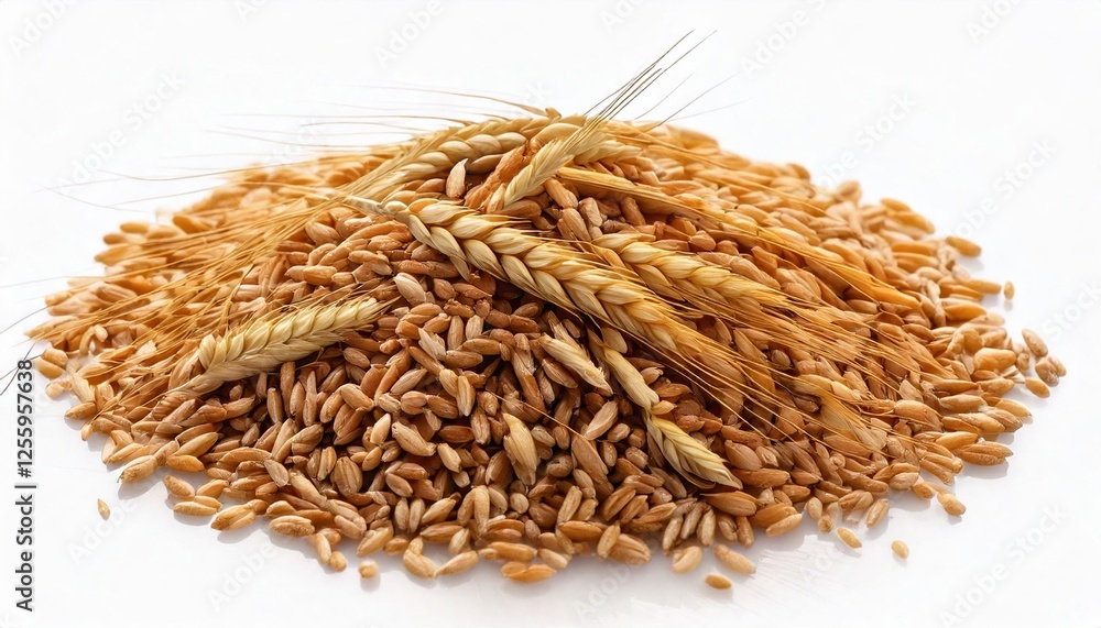 Wheat grains and stalks arranged on a white surface in a natural display on white background