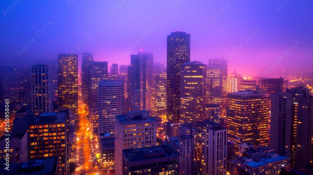 A vibrant city skyline at dusk, illuminated by colorful light amidst a foggy atmosphere A vibrant city skyline at dusk, illuminated by colorful light amidst a foggy atmosphere