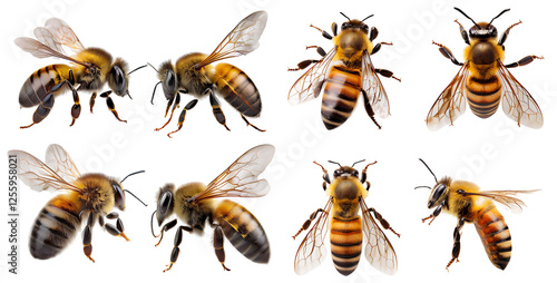 Close-Up Views of Honey Bees in Various Poses and Angles, isolated on transparent background