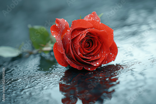 Red rose with water drops on wet surface, romantic, love, Valentine's Day image