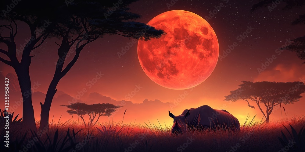 Large red moon is in the sky above a savanna Large red moon is in the sky above a savanna