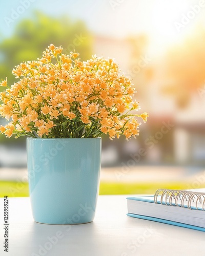 Mental health wellness journaling concept. A vibrant bouquet of yellow flowers in a light blue pot, sitting on a table with a notebook, illuminated by soft sunlight.