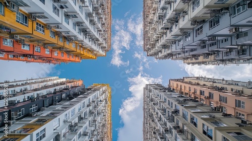 Colorful apartment buildings rising towards a clear sky photo