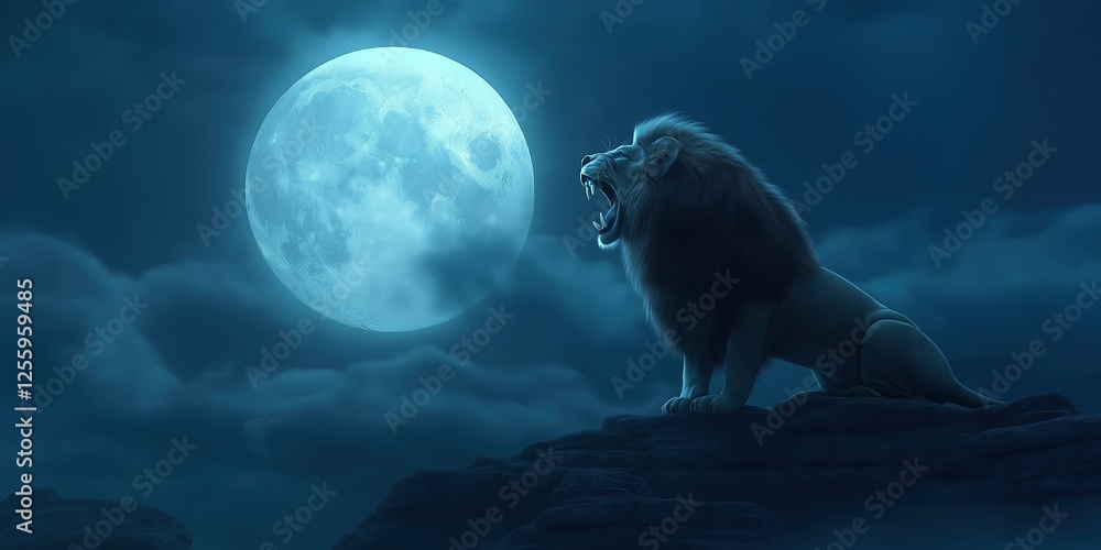 Obraz premium Lion is standing on a rocky hillside in front of a full moon