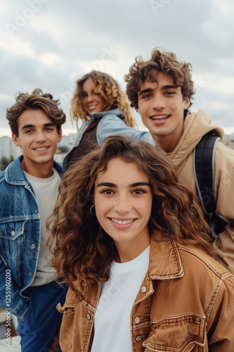 Teenagers wearing retro 80s outfits casually relax near a portable boombox, exchanging playful smiles