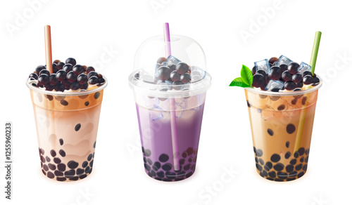 Realistic bubble tea. Boba drink plastic cup, cold tea or milk coffee milkshake asian trendy beverages with black tapioca pearl splash cream sugar balls, exact vector illustration