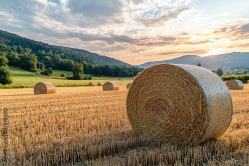 Hay bales in field with mountains