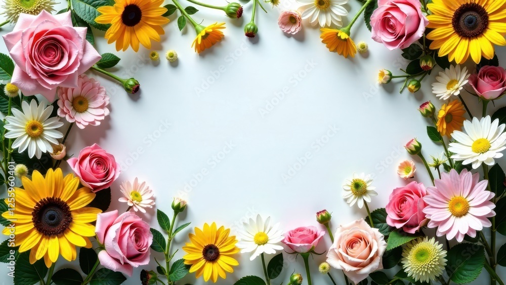 Floral Frame of Delicate Roses, Sunflowers, and Daisies Arranged on a Light Background Floral Frame of Delicate Roses, Sunflowers, and Daisies Arranged on a Light Background
