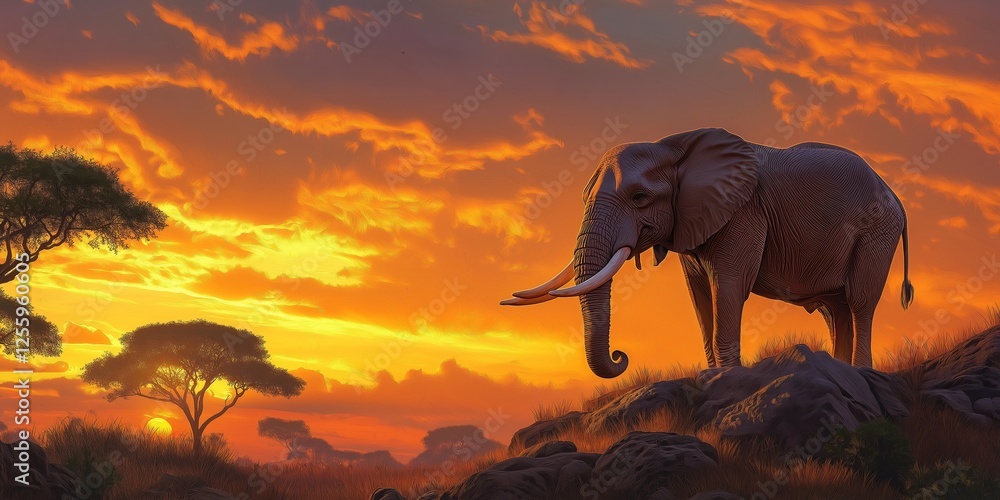 Fototapeta premium Large elephant stands in the wild at sunset