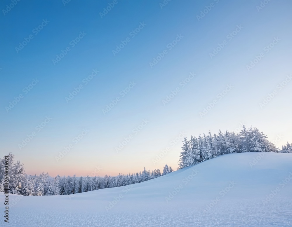A serene winter landscape at dusk with snow-covered hills and frosted trees. A serene winter landscape at dusk with snow-covered hills and frosted trees.