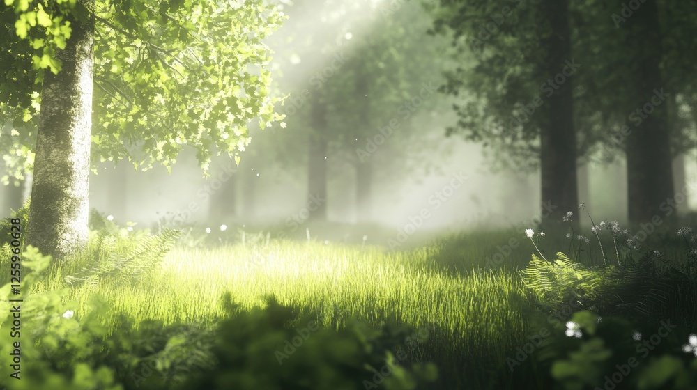 Fototapeta premium Dense forest background with soft sunlight breaking through leaves, creating a calming natural scene