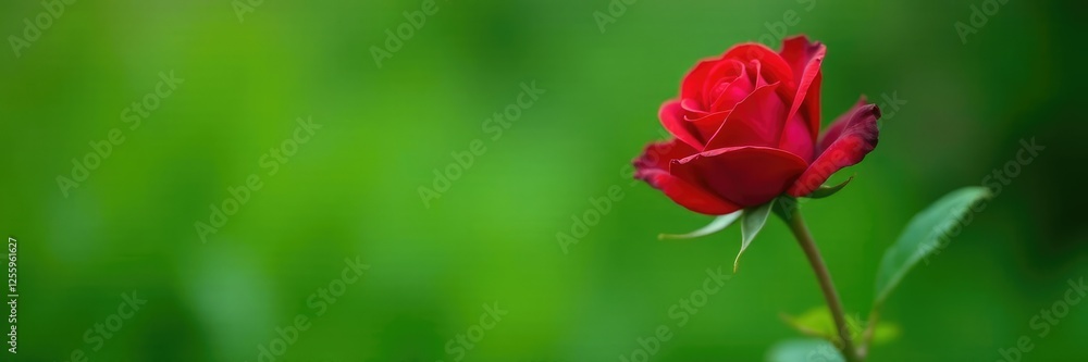 Fototapeta premium Elegant single red rose on a verdant green stem, flower, grass, stem
