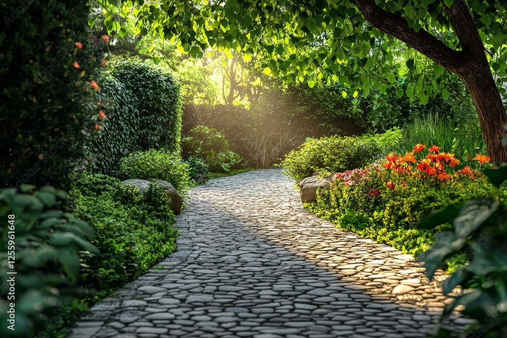 Serene garden pathway a lush, landscaped retreat framed by vibrant flora and sunlit foliage Serene garden pathway a lush, landscaped retreat framed by vibrant flora and sunlit foliage