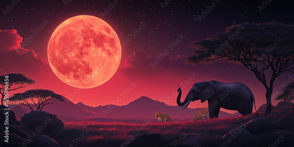 Fototapeta premium Large red moon is in the sky above a field with a large elephant