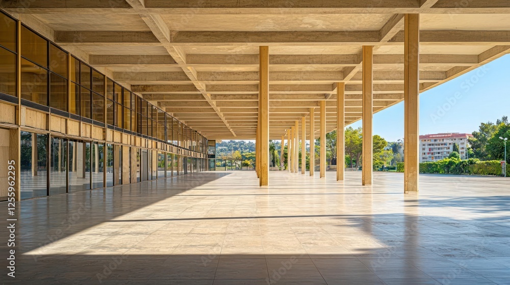 Fototapeta premium Spacious Concrete Building Plaza Underneath Light Beige Roof
