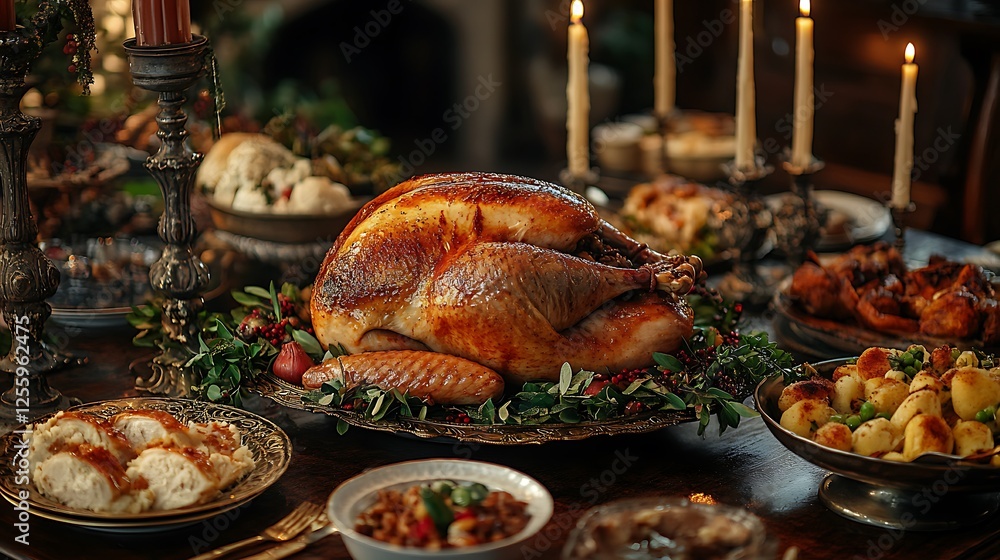 Roasted turkey centerpiece on a rustic table with candles, surrounded by various dishes. Roasted turkey centerpiece on a rustic table with candles, surrounded by various dishes.